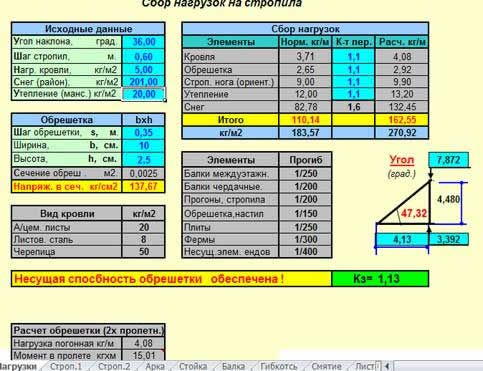 сбор нагрузок на стропила